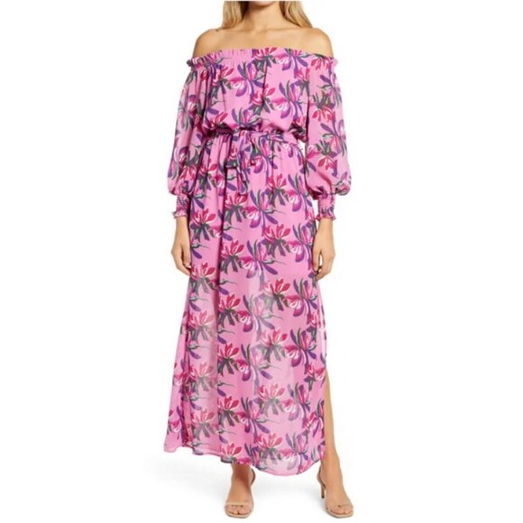 💕WAYF💕 Off Shoulder Shoulder Maxi Dress ~ Pink Birds of Paradise XS (*No Belt) - Picture 2 of 16
